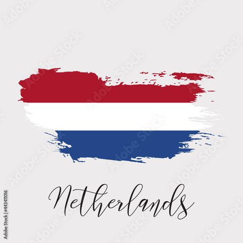 Netherlands watercolor vector national country flag icon. Hand drawn illustration  dry brush stains  strokes  spots  isolated gray background. Painted grunge style texture for posters  banner design.