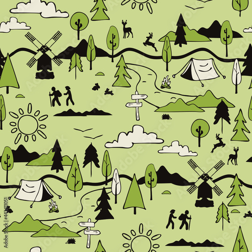 Seamless vector pattern with hiking landscape on green background. Simple life style wallpaper design. Decorative summer holiday fashion textile.