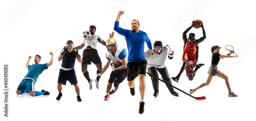 Sport collage. Hockey  soccer and american football  volleyball players isolated on white studio background.