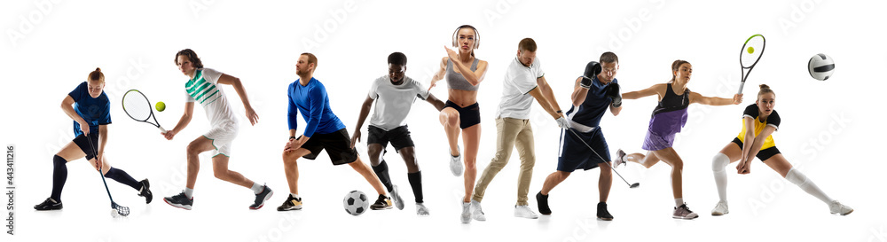 Fototapeta premium Sport collage. Hockey, soccer football, boxing, volleyball, floorball, tennis players in motion isolated on white studio background.