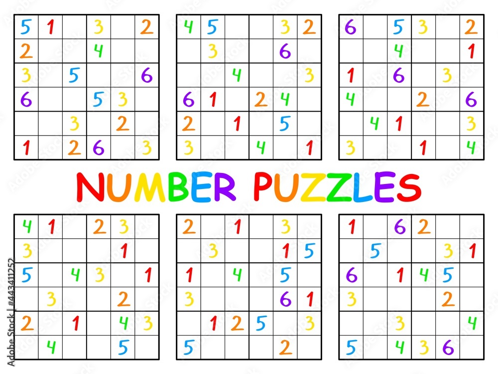 Number puzzles - six sudoku set vector illustration. Rainbow ...