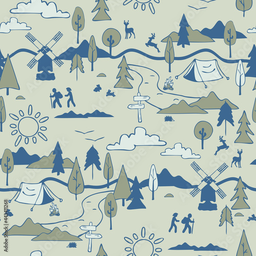 Seamless vector pattern with camping landscape on grey background. Decorative lifestyle wallpaper design. Hiking fashion textile.