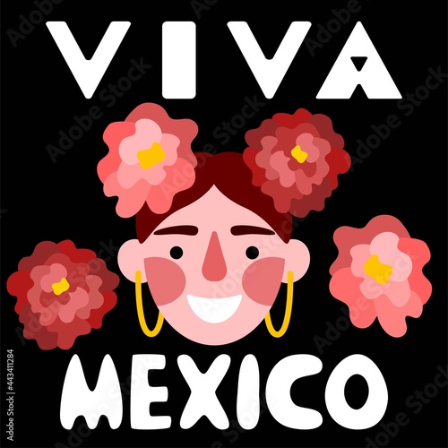 Viva Mexico lettering with happy woman and flowers vector illustration. Funny cartoon Mexican with flowers in hair and white words isolated on black. Simple square print for t-shirts, cards and more