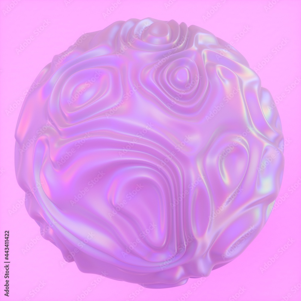 Abstract holographic sphere with rippled and glitched surface. 3D illustration in retrofuturistic synthwave style. Abstract holographic sphere with rippled and glitched surface. 3D illustration in retrofuturistic synthwave style.