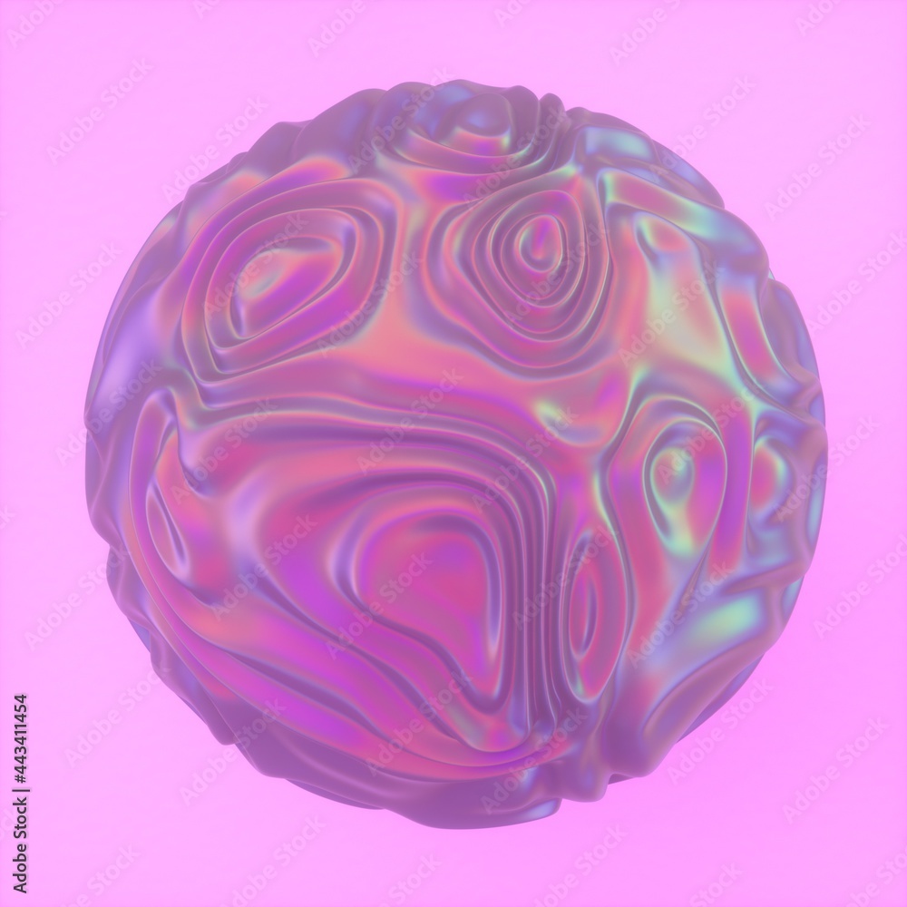 Obraz premium Abstract holographic sphere with rippled and glitched surface. 3D illustration in retrofuturistic synthwave style.