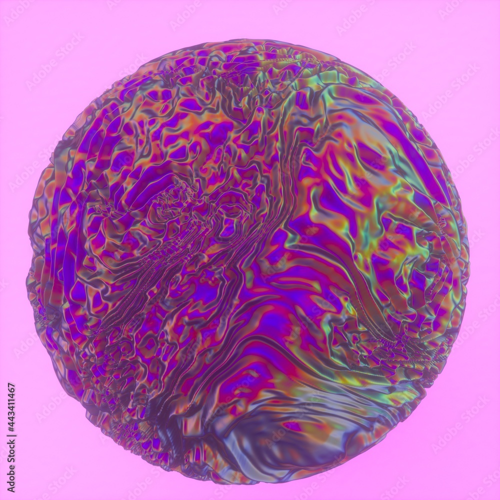 Abstract holographic sphere with rippled and glitched surface. 3D illustration in retrofuturistic synthwave style. Abstract holographic sphere with rippled and glitched surface. 3D illustration in retrofuturistic synthwave style.