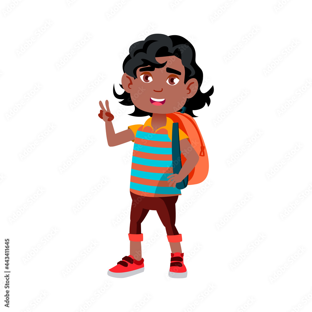 Boy Child Going To School With Backpack Vector. Indian Schoolboy With Rucksack Go To Elementary School And Showing Peace Gesture. Character Pupil Greeting Flat Cartoon Illustration Boy Child Going To School With Backpack Vector. Indian Schoolboy With Rucksack Go To Elementary School And Showing Peace Gesture. Character Pupil Greeting Flat Cartoon Illustration