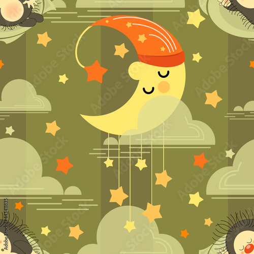 Month sleeps. Hedgehog. Night background. Sweet Dreams. Vector animals patterns baby nursery art. Cute sleeping hedgehog in sky background. Seamless pattern, wallpaper design kids vector illustration.