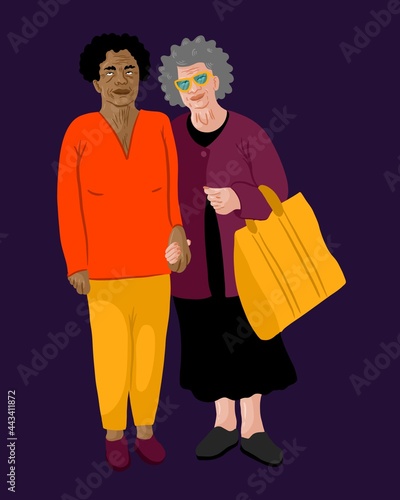 Senior Couple, two women, holding hands 