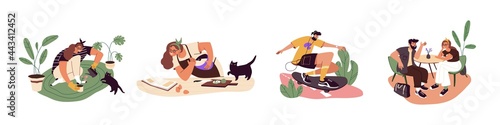 Set of happy people spending free time indoors and outdoors with different hobbies and leisure activities. Scenes of cooking, skateboarding, going on date. Flat vector illustration isolated on white.