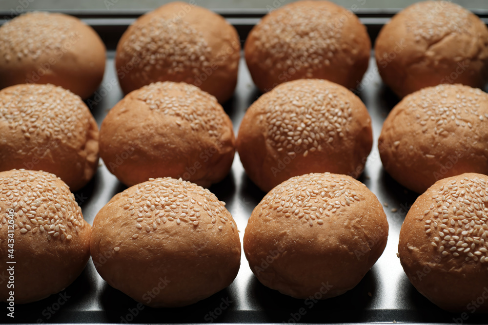 many baked sesame topping burger breads lay on oven tray waiting for cooking, shot with shallow focusing for using as background wallpaper. many baked sesame topping burger breads lay on oven tray waiting for cooking, shot with shallow focusing for using as background wallpaper.