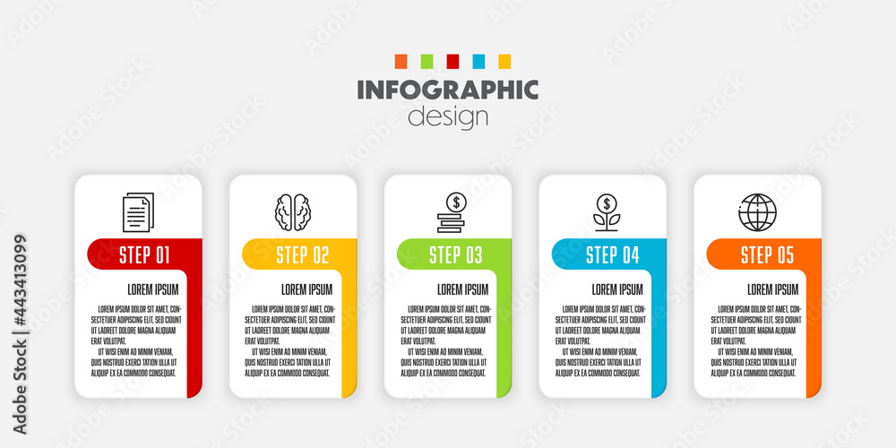 Vector 5 step colorful infographic template design element. Business icon concept diagram.