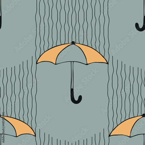Seamless vector pattern with umbrellas on grey background. Simple rainy season wallpaper design. Modern decorative fashion textile.