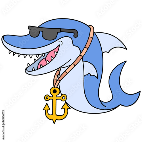 shark rapper wearing sunglasses and gold anchor necklace, doodle icon image kawaii