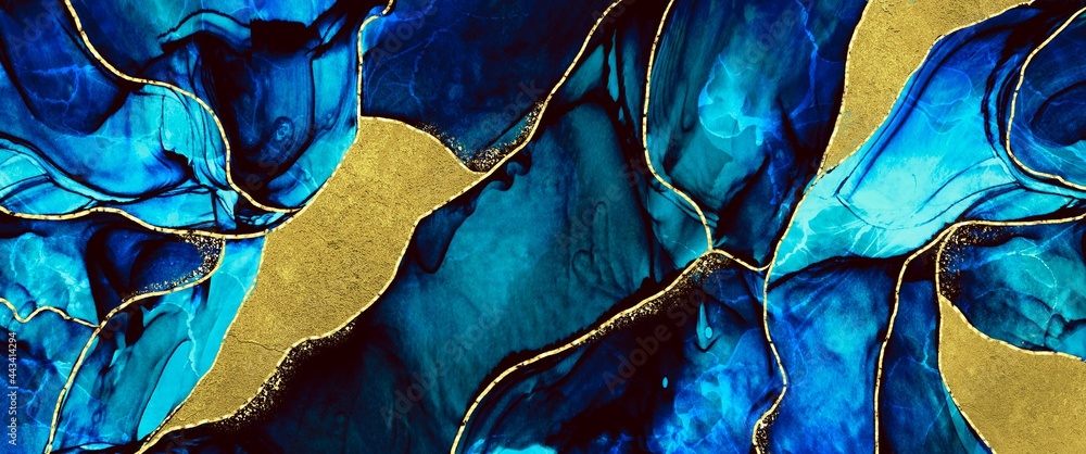 custom made wallpaper toronto digitalBlue and gold alcohol ink background, ocean blue texture with luxury golden decoration, gold kintsugi, hand drawn painted art, wallpaper for print