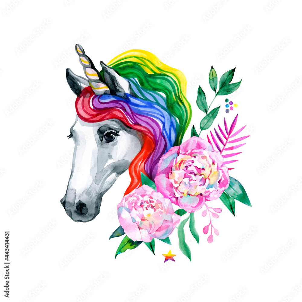 Naklejka Beautiful, dreaming unicorn with floral bouquet. Rainbow, flowers and unicorn.