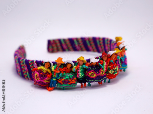 Headband with handmade ornaments of coyas motifs. Crafts from the north of Argentina. Upper Peru, Bolivia, Northern Argentina. People with indigenous coya clothing. Colorful traditional crafts.