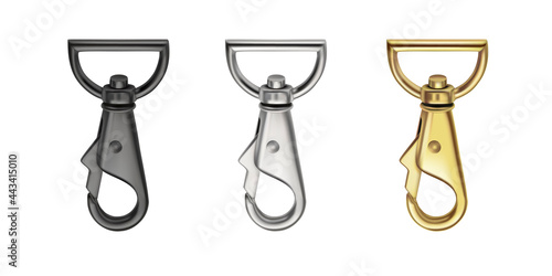 A set 5 of carabiners for a bag strap. 3d vector illustration
