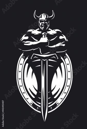 A muscular bearded man in a helmet holds a sword in front of a shield
