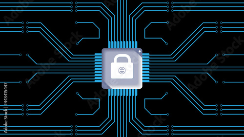 A lock chip on a computer circuit board, graphic symbol of a computer security system, data protection concept, vector illustration