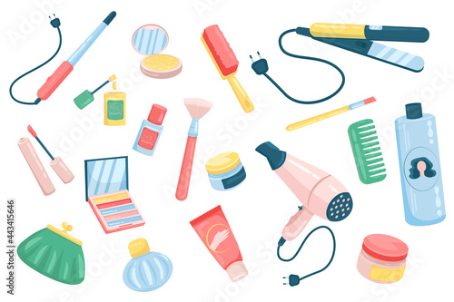 Womens accessories cute elements isolated set. Collection of hair curler, nail polish, comb, mascara, shampoo, hairdryer, face cream and other cosmetic. Vector illustration in flat cartoon design