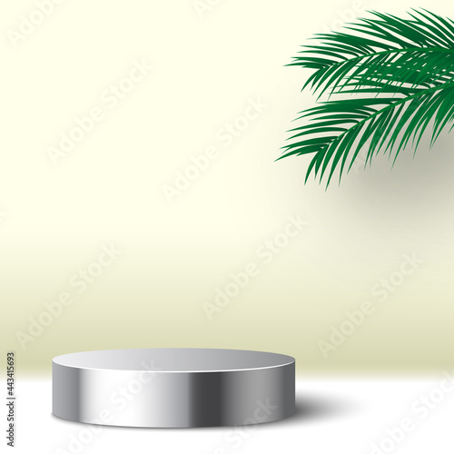 Blank round metallic podium with palm leaves. Pedestal. Cosmetic products display platform. Exhibition stand. Vector illustration.