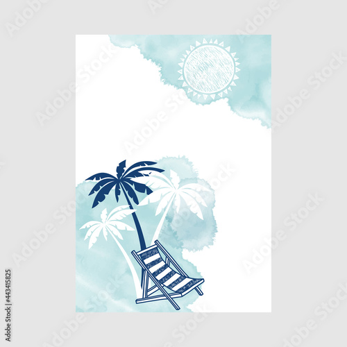 Pre-made design on the marine theme with Sun ,  beach chair, palm trees and watercolor spots and place for text. Vector layout decorative greeting card or invitation design background.