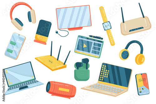 Electronics cute elements isolated set. Collection of headphones, monitor, watch, wifi router, smartphone, tablet with stylus, laptop, portable music column. Vector illustration in flat cartoon design