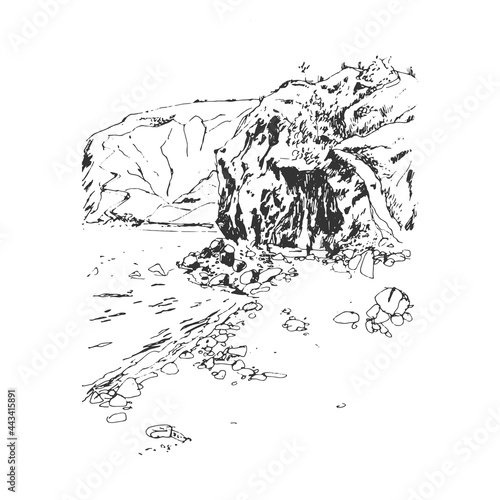 Seascape. Mountains, cliff, sea stones, pebbles and sea. Hand drawn sketch on white.  Vector realistic illustration. Black and white.