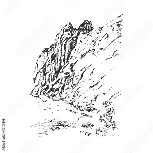 Seascape. Mountains and sea. Hand drawn sketch on white.  Vector realistic illustration. Black and white.