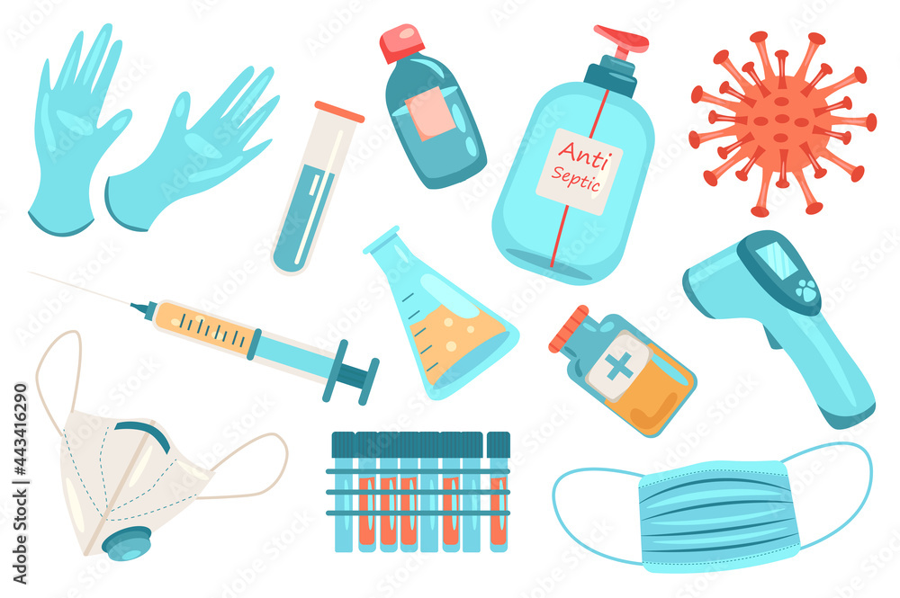 Coronavirus elements isolated set. Collection of medical mask and respirator, gloves, thermometer, syringe and vaccine, test kit, antiseptic, lab equipment. Vector illustration in flat cartoon design Coronavirus elements isolated set. Collection of medical mask and respirator, gloves, thermometer, syringe and vaccine, test kit, antiseptic, lab equipment. Vector illustration in flat cartoon design