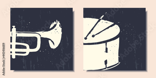 A set of posters. Abstract musical instruments such as saxophone and drum. Vector illustration.