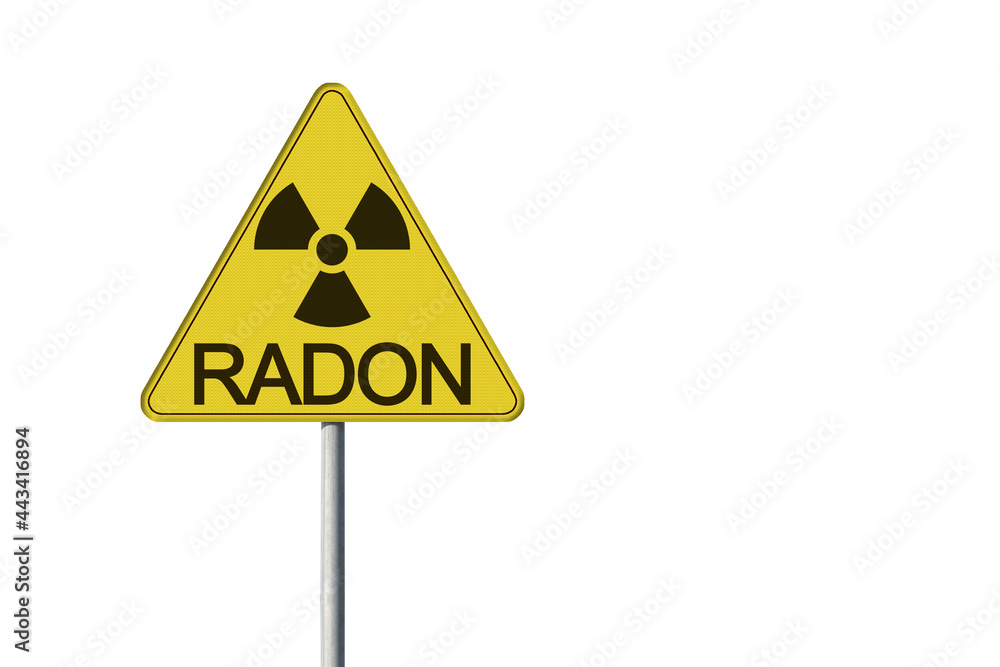 Danger of radioactive contamination from RADON GAS - concept with warning symbol of radioactivity on road sign - image with copy space Danger of radioactive contamination from RADON GAS - concept with warning symbol of radioactivity on road sign - image with copy space
