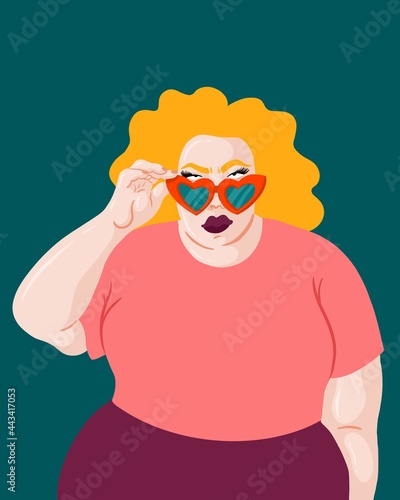 Plus Size fat blonde woman with heart-shaped glasses looking fierce.