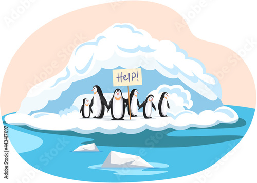 Group of penguins on ice floe need help, global warming concept, change climate at North Pole. Glacier, ice brick floating in cold sea. Antarctic landscapes iceberg snow mountains hills winter nature