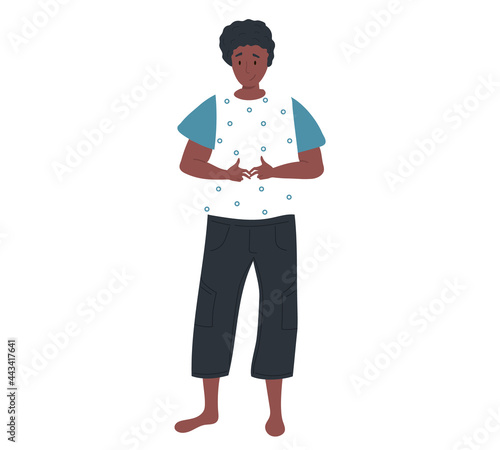 Afro american girl stands and hesitates. Shy female character standing isolated on white background. Woman smiles shyly and crosses her fingers. Lady looks at something embarrassed vector illustration