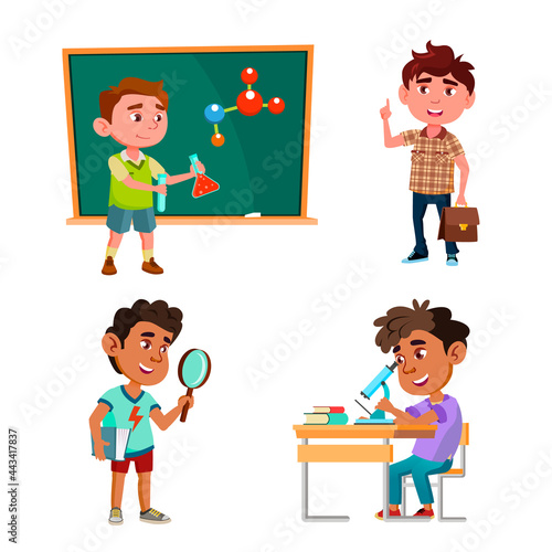 Boys Scientist Education And Research Set Vector. Schoolboy Scientist Researching And Analyzing, Make Laboratory Chemical Test And Experiment. Characters Children Lab Work Flat Cartoon Illustrations