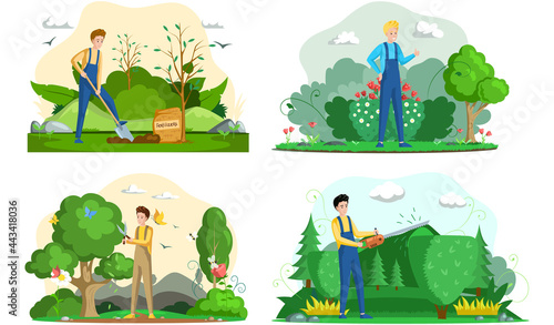 Gardener male character works in yard scenes set. Young adult man in overalls planting tree, cuts bush, caring for flowers works in garden. Gardening, planting outdoor plants, horticulture hobby