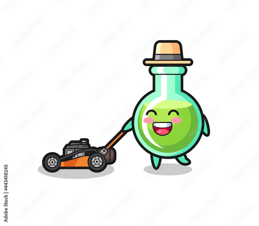 illustration of the lab beakers character using lawn mower