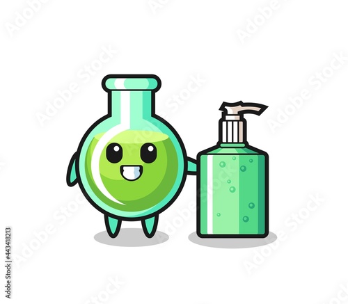 cute lab beakers cartoon with hand sanitizer