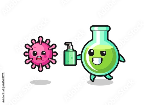 illustration of lab beakers character chasing evil virus with hand sanitizer