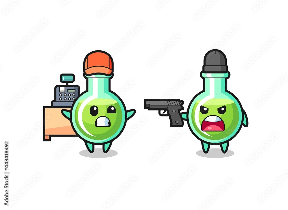 illustration of the cute lab beakers as a cashier is pointed a gun by a robber illustration of the cute lab beakers as a cashier is pointed a gun by a robber