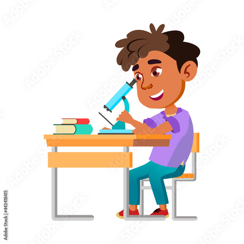Boy Kid Scientist Research With Microscope Vector. Happy Hispanic Preteen Child Looking Through Microscope, Studying On Biology School Lesson. Character Study In Laboratory Flat Cartoon Illustration