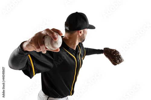 Baseball player, catcher in a black white sports uniform practicing isolated on a white studio background. Back view photo