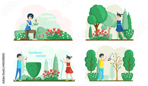 Spring gardening flat composition with characters of gardeners working in outdoor garden scenes set with people growing plants and flowers. Agriculture, organic garden tillage and farming, plant care