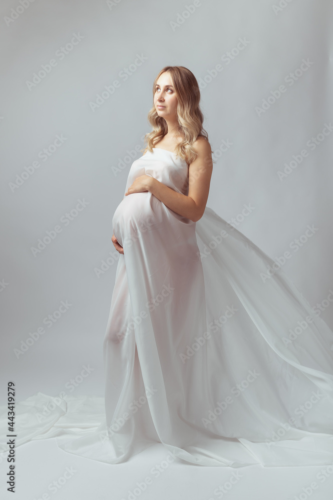 Elegant pregnant young woman standing wearing flying white fabric. Pregnancy, maternity and motherhood concept. Elegant pregnant young woman standing wearing flying white fabric. Pregnancy, maternity and motherhood concept.