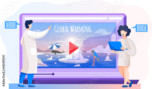 Scientists are watching video about global warming, climate change. Video with animals suffering from temperature increase and glaciers melting on tablet screen. People work with environmental issues