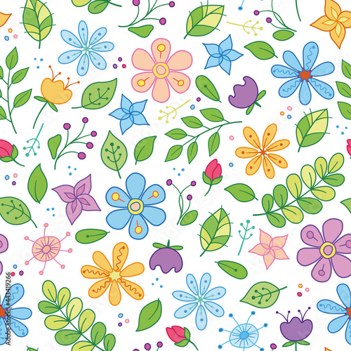 Colorful set for kids with cute flowers for design and fashion prints. Linear floral childish background. Flower pattern with pastel flowers on a white background.
