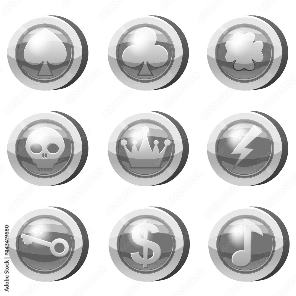 Set of Silver Coins for game apps. Grey icons, heart, crown, symbols game UI, gaming gambling. Vector illustration Set of Silver Coins for game apps. Grey icons, heart, crown, symbols game UI, gaming gambling. Vector illustration