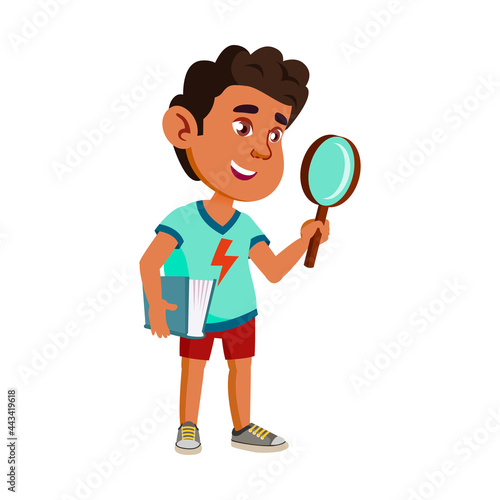 Boy Child Scientist With Magnifier Tool Vector. Happiness Hispanic Schoolboy Kid Scientist Holding Book And Magnifying Glass Researching On School Lesson. Character Flat Cartoon Illustration